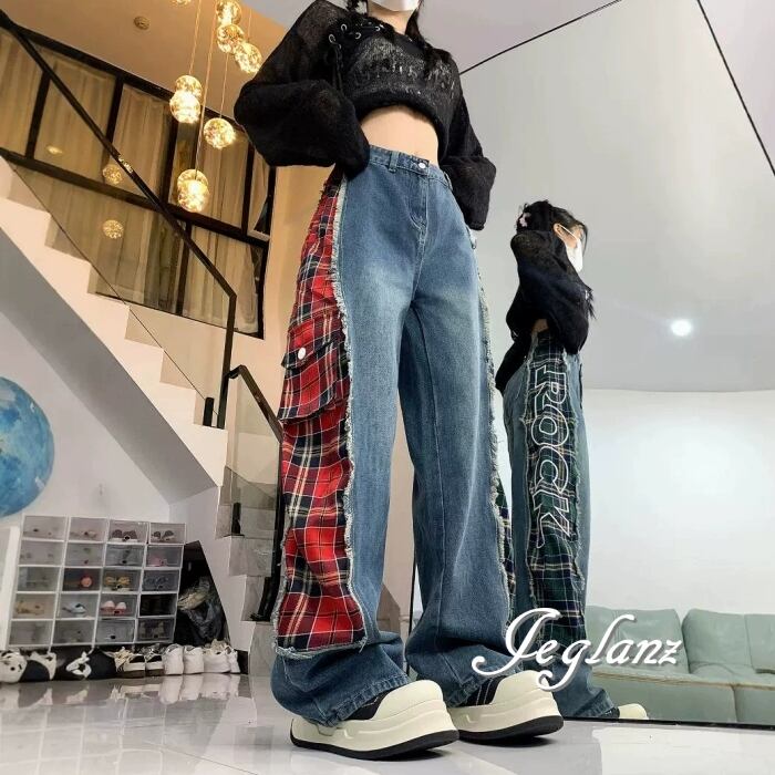 デニム ジーンズ ロゴ 繋ぎ合わせ ワイド カジュアル パンツ ♪(MB757)ζ