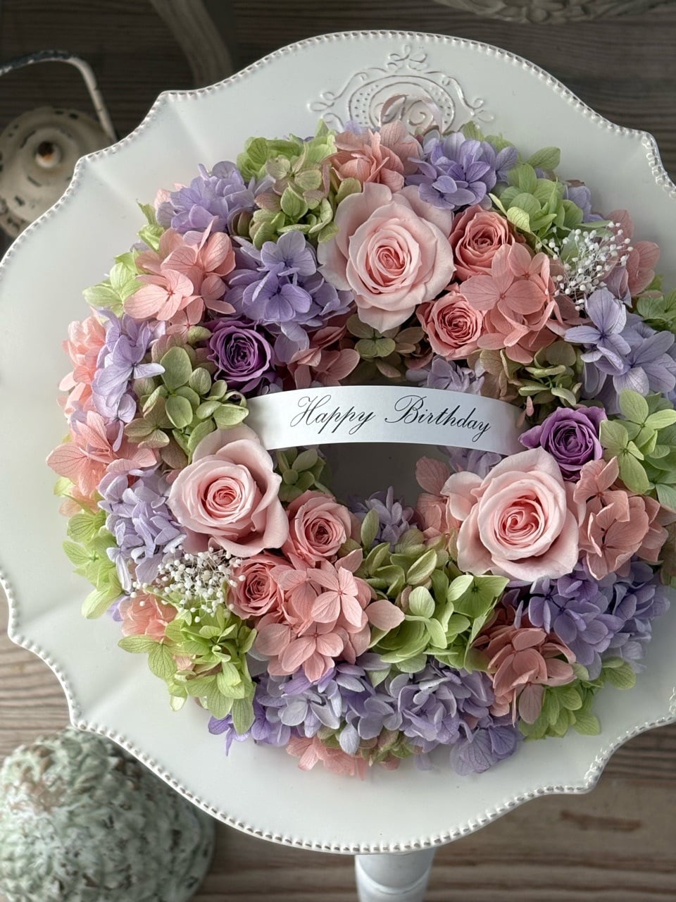 ✳️フラワーリース✳️purple＆pinkの小さなリース❤️19㎝☆フラワーアレンジ ピンクライラックのリース/直径22cm/プリザーブドフラワー/ギフト用