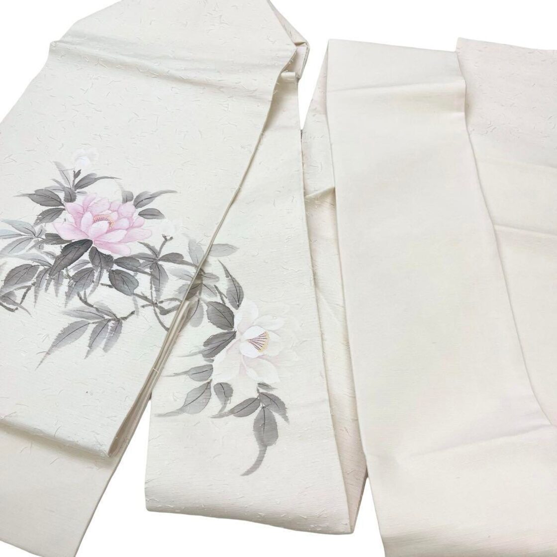名古屋帯 作家物 手描き 椿の花模様 髭紬 乳白色 O-4121 | Pay ID 