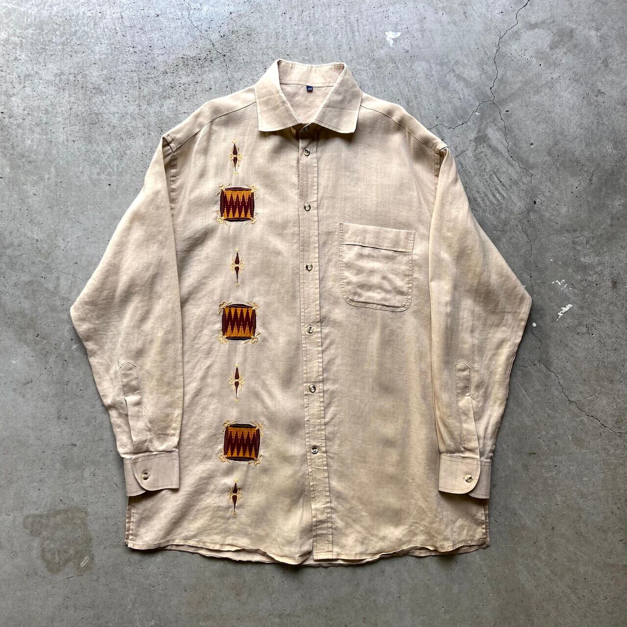 ユーロ 刺繍デザイン 長袖 リネンシャツ メンズxl相当 古着 ナチュラルカラー 生成り オフホワイト 長袖シャツ Ws21 Cave 古着 屋 公式 古着通販サイト
