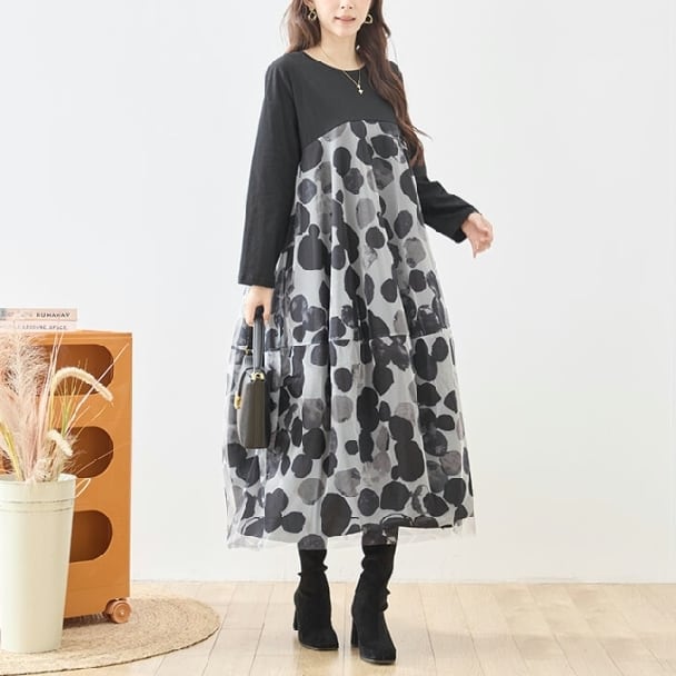 TRUBE ワンピース 水彩風ドット柄 チュール重ね ドッキング フレア N83-447 ブラック M L fmsd ロング丈 ナチュラル ゆったり 体型カバー ミセス きれいめ レディース 上品 大人可愛い