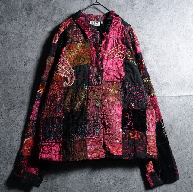 “CHICO’S” Velor x Jaguar x Sequin Paisley Motif Patchwork Short Jacket