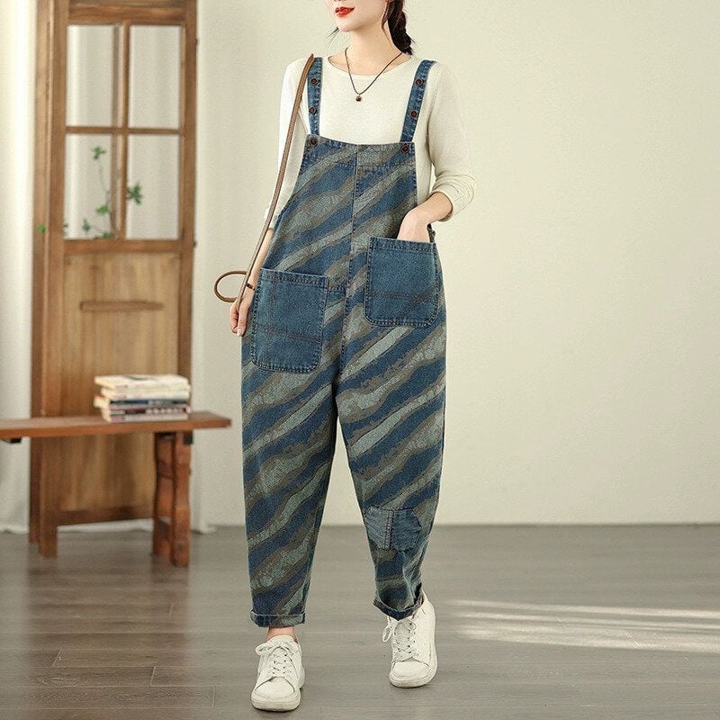 PRINT DENIM ASYMMETRIC POCKET OVERALL 1color M-15481