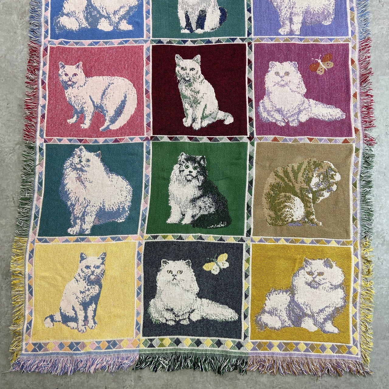 90年代頃 ヴィンテージ 猫柄 ジャガード織 ラグ スローケット 123×156