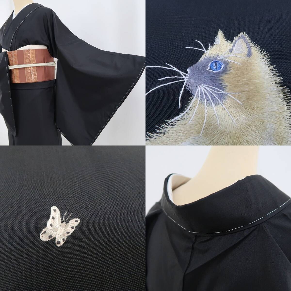 美品 刺繍 シャム猫 着物 仕付け糸付“蝶へ送る神秘的な視線”付下げ 4273