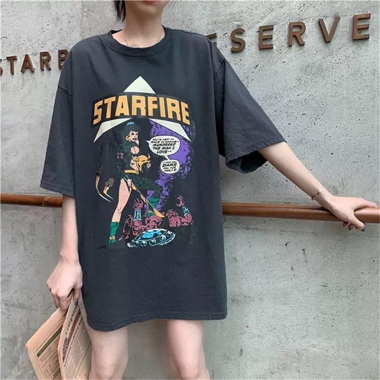 アメコミ風 プリントtシャツ ダボかわ 半袖 Tシャツ Xl展開 カジュアル メンズライク スポーティー 古着ライク ドロップショルダー Lamitte Deco トレンド 韓国ファッション ショップ Base店