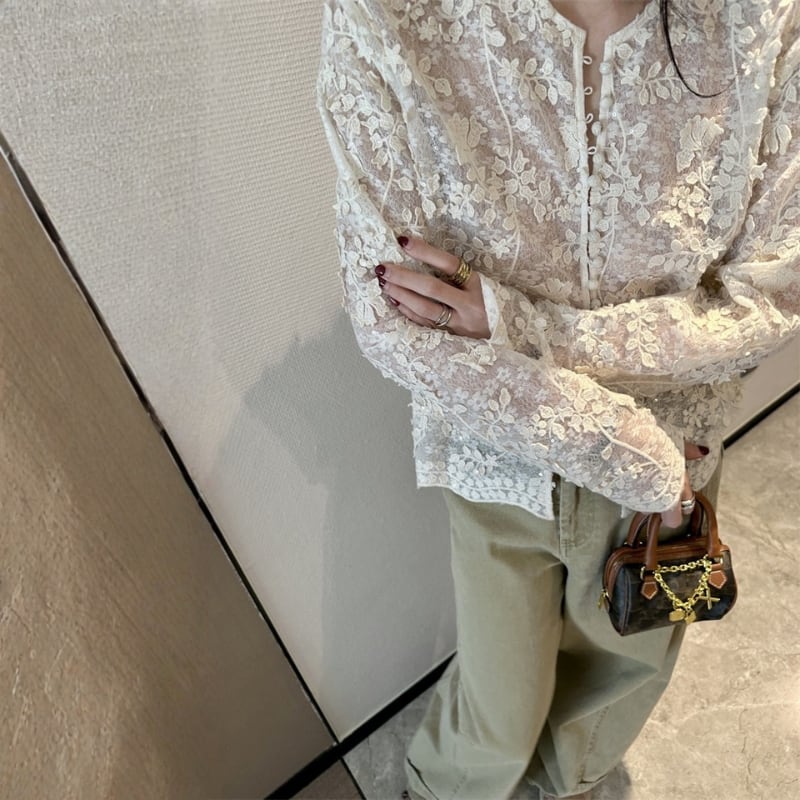 Button Front Lace Long Sleeve Blouse 204725