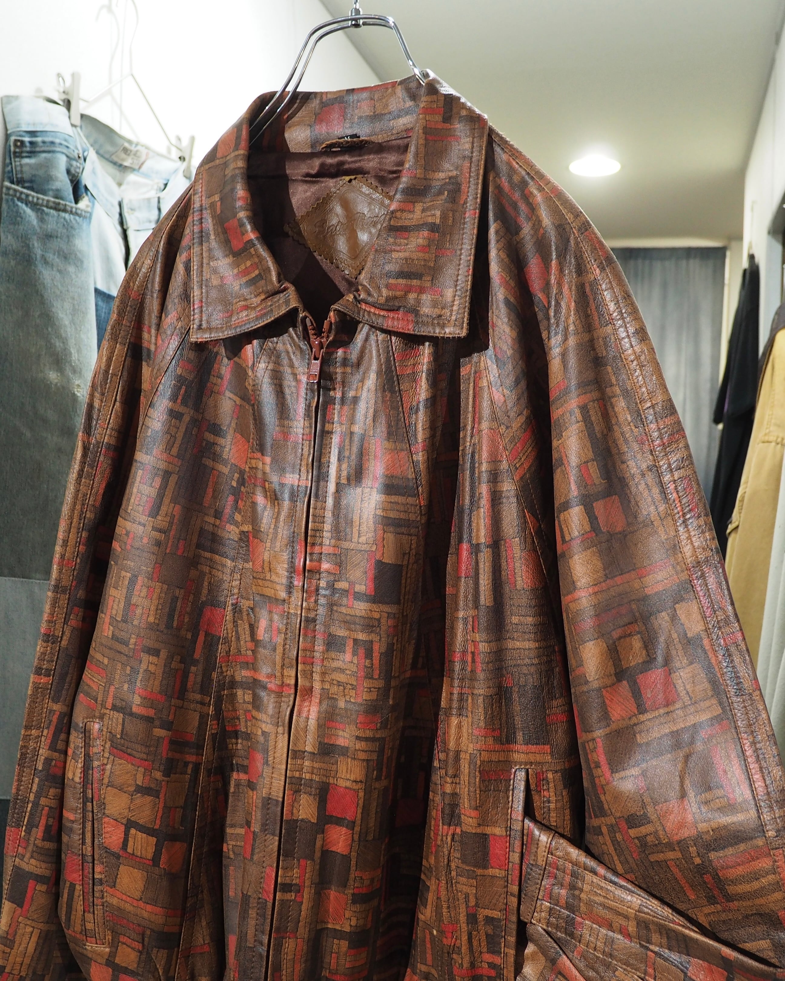 1990s Beautiful Abstract Square Pattern Vintage Loose Sheep Leather Jacket