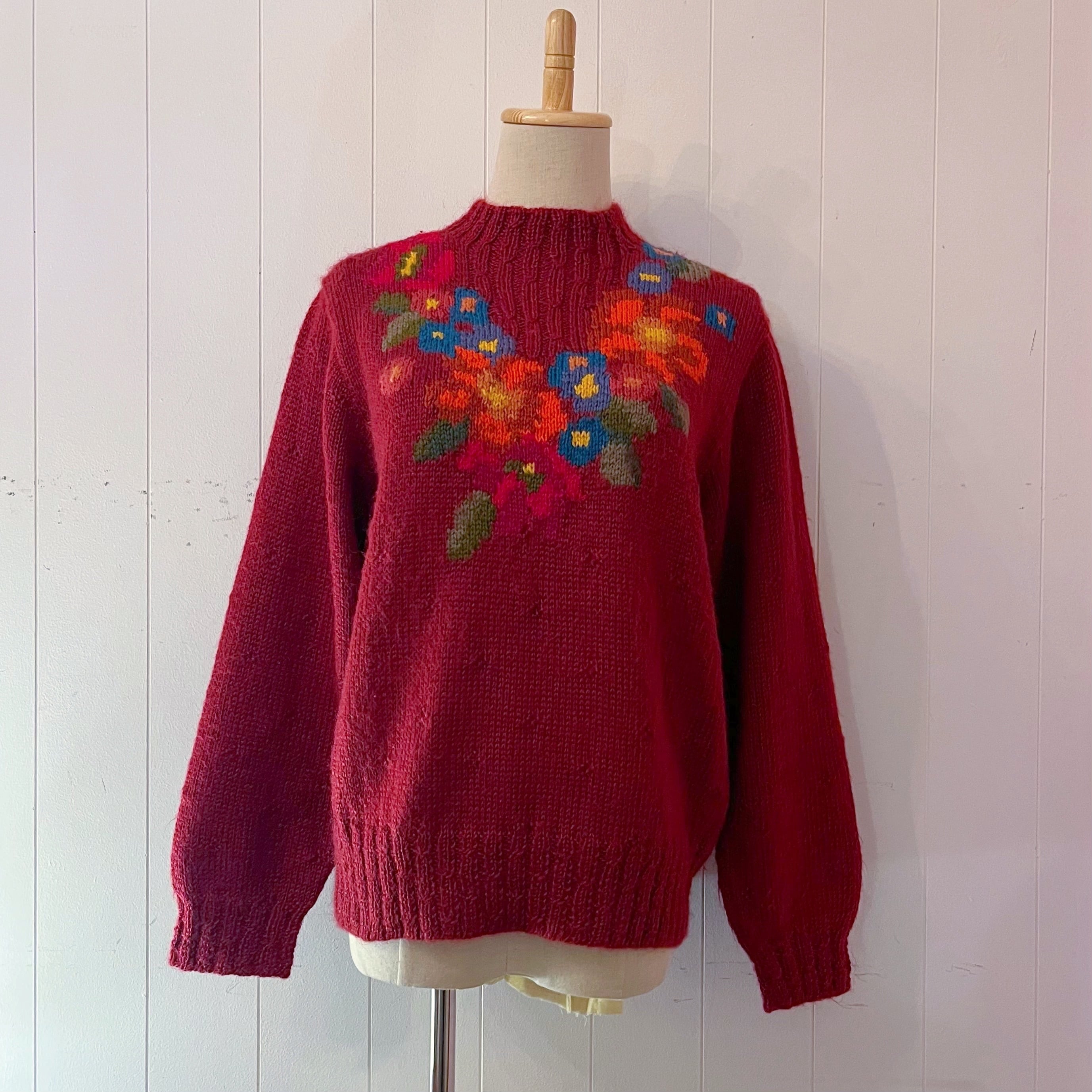 colorful flower bordeaux knit sweater