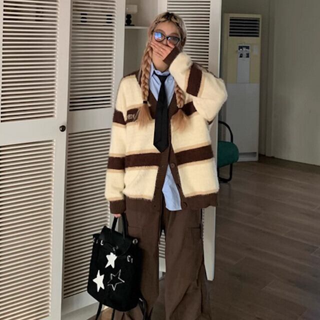 カーディガン レディース オーバーシルエット Vネック 長袖 こなれ感 レトロ ボーダー おしゃれ かわいい かっこいい カジュアル お出かけ 秋冬 アプリコット S/M/L