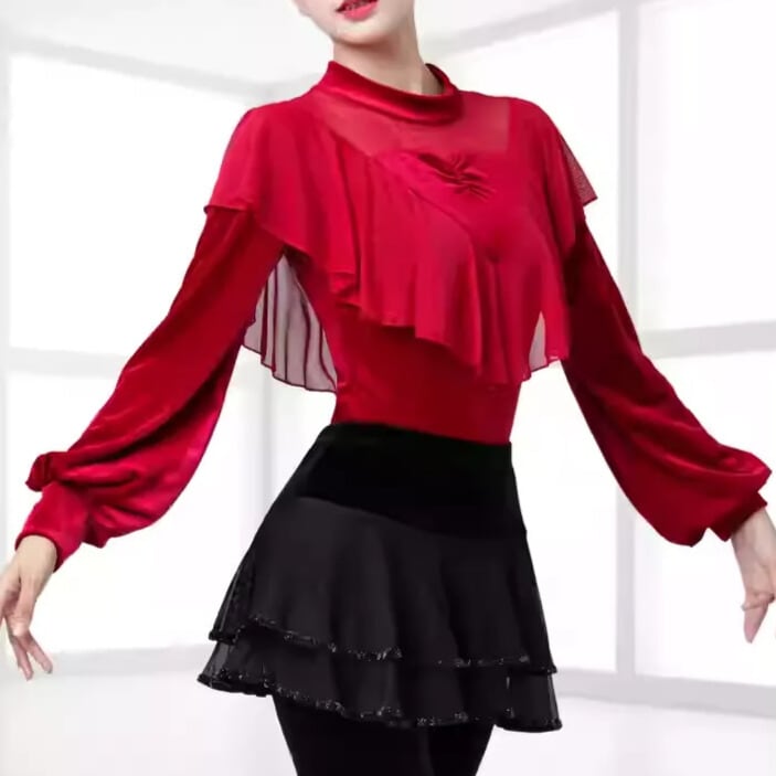 スタンドカラー ロングスリーブ フリンジ ダンストップス (レオタードタイプ選択可) ds1125