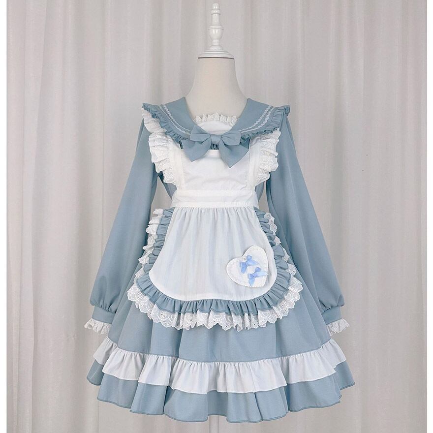 サブカル 服 地雷系 通販 ワンピース エプロン フリル 長袖 バルーンスリーブ セーラー服 メイド フリル リボン