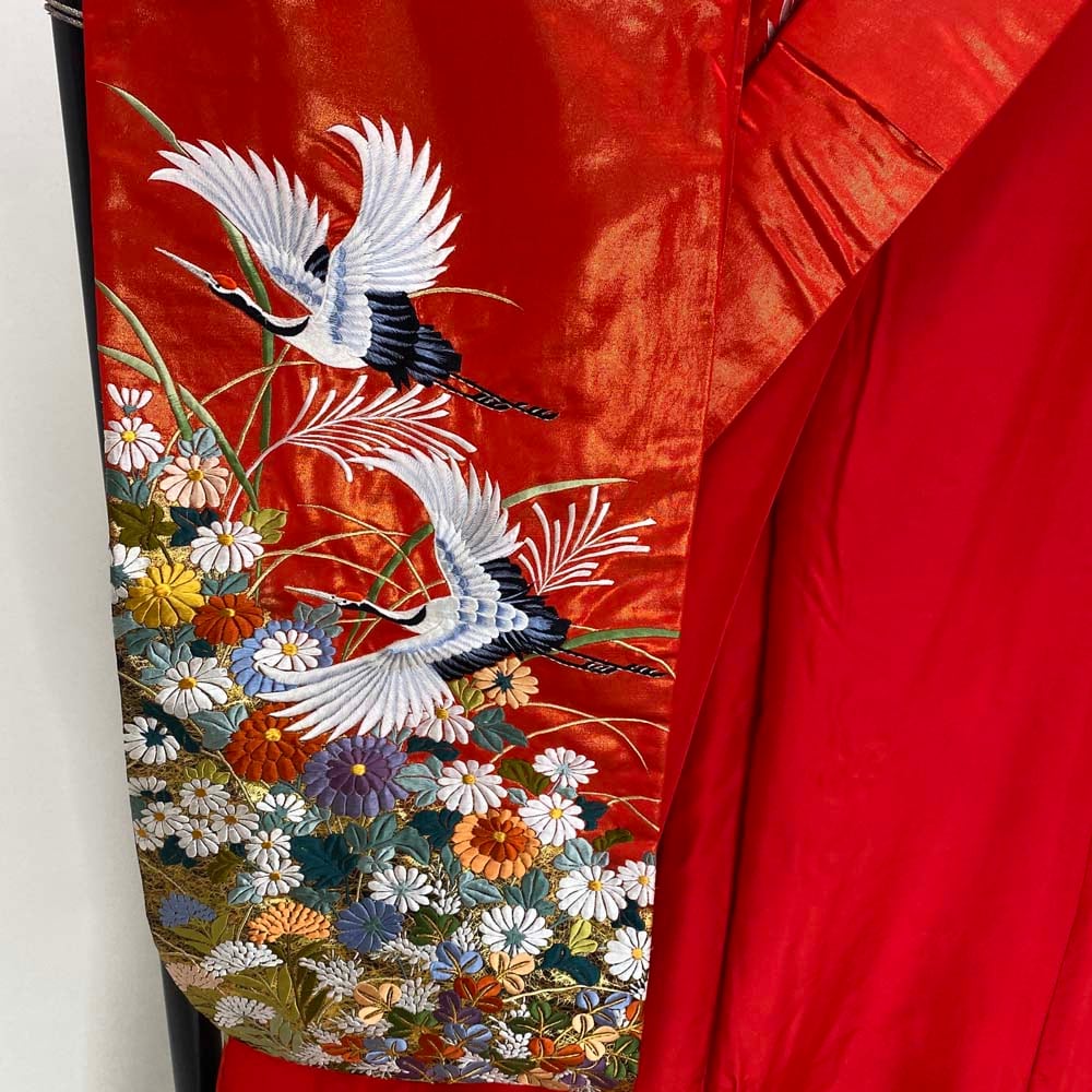 色打掛 正絹 鶴 刺繍 赤 打掛 Lサイズ 裄67 花嫁衣裳 婚礼