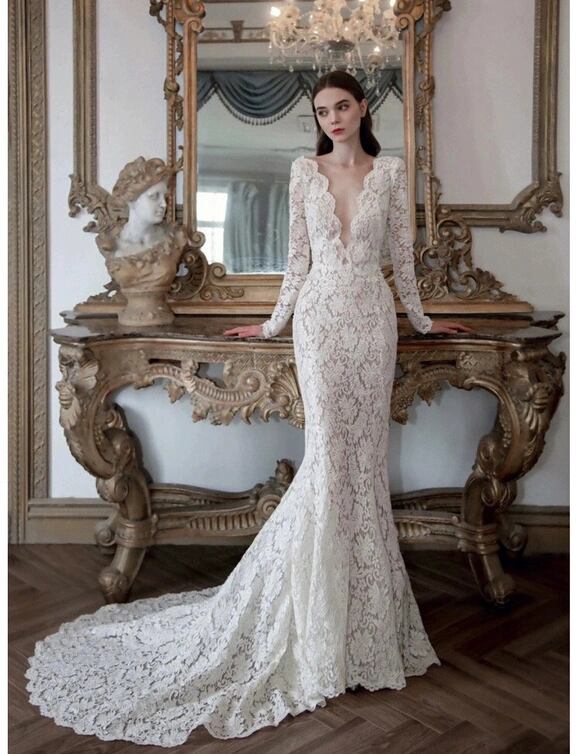 ウェディングドレス 贅沢な総レース Vネックドレス ロングスリーブ  