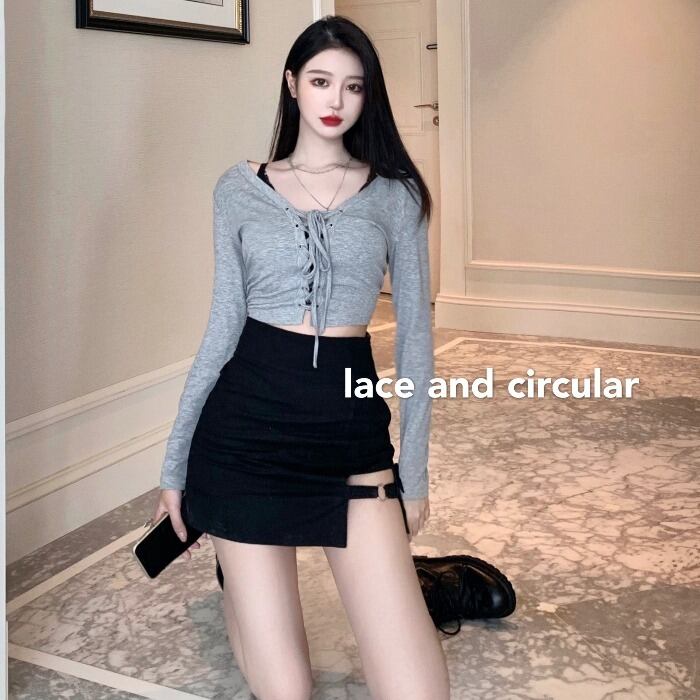 スプリングカジュアルショートスタイルブラウス ハイウェストウェストスカート ロング 春物 ドラファッションホール90960119039