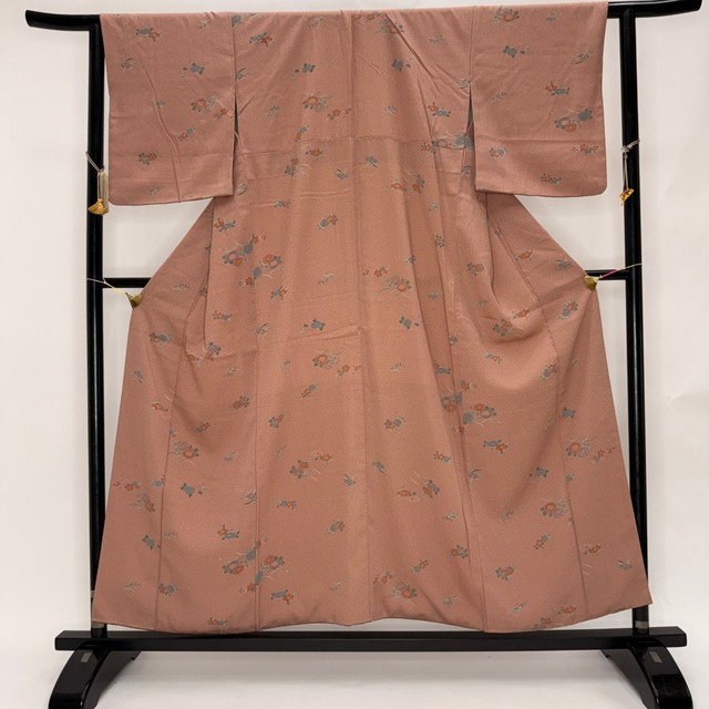 小紋 洗える着物 裄62.9cm 身丈156.2cm 花柄 袷 お洒落着 普段着 ポリエステル エンジ 美品 S サイズ 6443