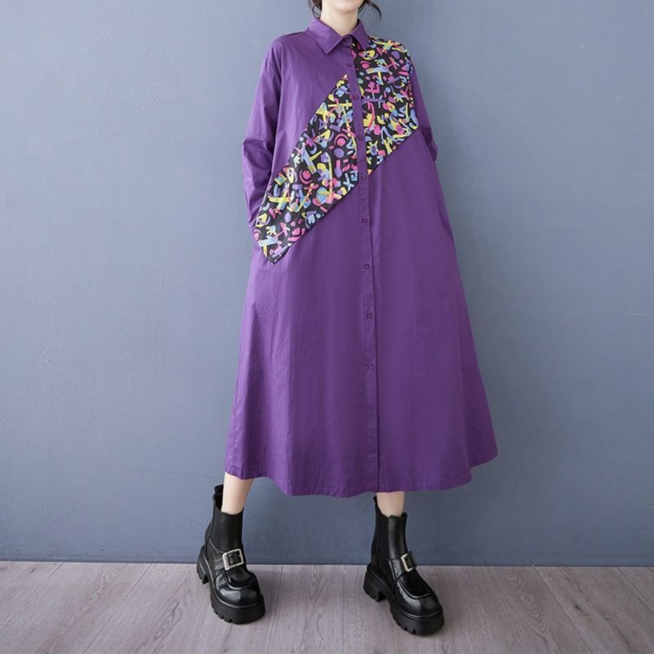 斜め柄 配色 シャツワンピース  00003