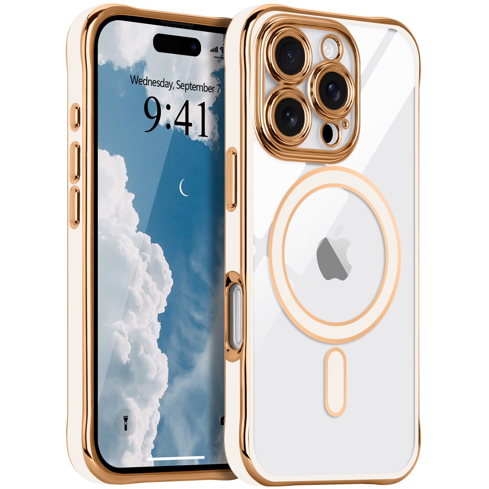 LCHULLE iPhone 16 Pro 用 ケース MagSafe対応 透明 フルカメラ保護 マグネットカバー 軽量 耐衝撃 黄変防止 PC背面TPUバンパー 指紋防止 高級 メッキ加工 ワイヤレス充電 アイフォン16 Pro 専用 スマホケース (ホワイト)