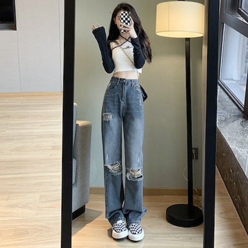 ダメージジーンズ レディース 春夏 ハイウェスト ストレートパンツ ゆったり ワイドパンツ モップパンツ