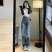 ダメージジーンズ レディース 春夏 ハイウェスト ストレートパンツ ゆったり ワイドパンツ モップパンツ