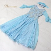 【美品 社交ダンス衣装】ワンピース ドレス leirena レイリーナ 水色 ライトブルー ラインストーン ホログラム 花柄 キラキラ