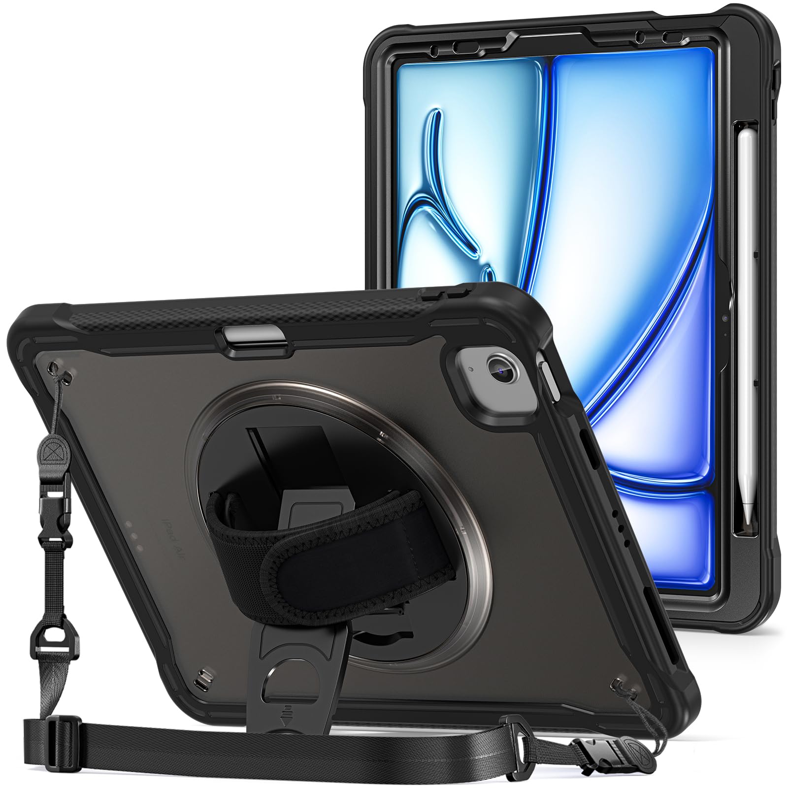 ProCase iPad Air 11 ケース (M4 2026/M3 2025/M2 2024) Air 6世代/5世代/4世代通用 耐衝撃 半透明カバー ペン収納 360°回転スタンド -ブラック