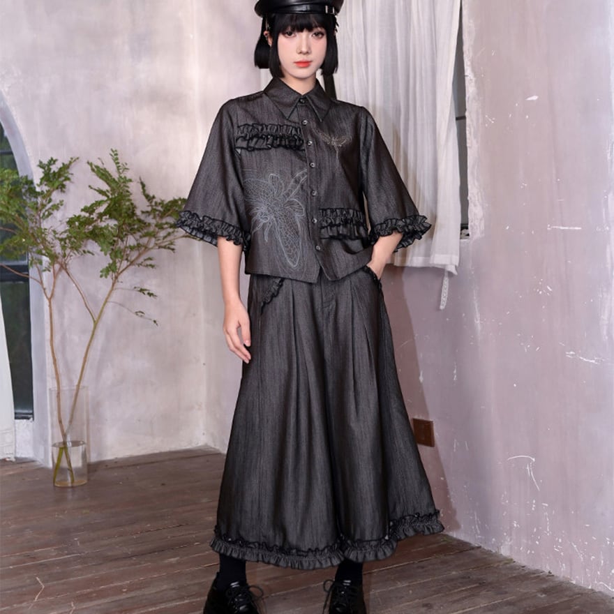 サブカル 地雷系ファッション 古怪舎 半袖シャツ ビジュ優勝!蜻蛉刺繍 |天使と悪魔