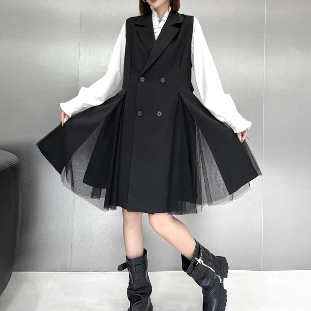 DOUBLE BREASTED MESH PANEL BELTED VEST COAT M-18737