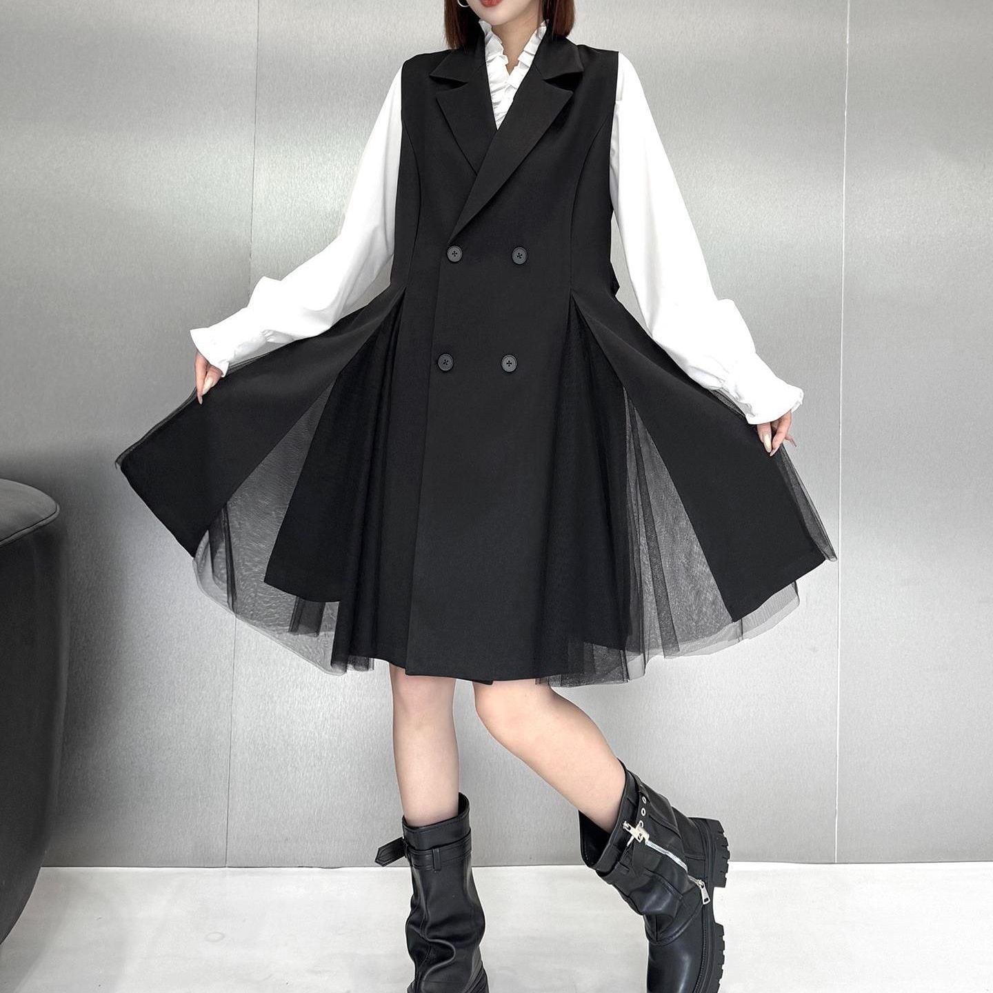 DOUBLE BREASTED MESH PANEL BELTED VEST COAT M-18737