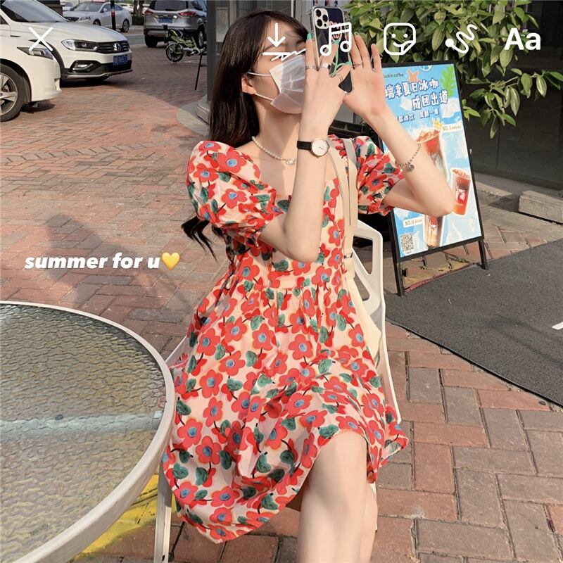 スタンダードFlowerデザイン スカート スリーブドレス 薄手サマーウェストショート レトロ 夏物 フラワーデザイン スクウェア 萌量不足28899117234