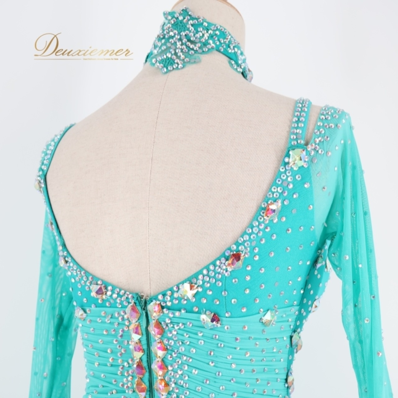 社交ダンス 衣装 スタンダードドレス ワンピース ドレス グリーン系 ブルー系 VeRTigo フリル レース フロート 青緑 デモ 競技 ダンス パーティ 発表会 豪華 華やか エレガント 上品 パフォーマンス用