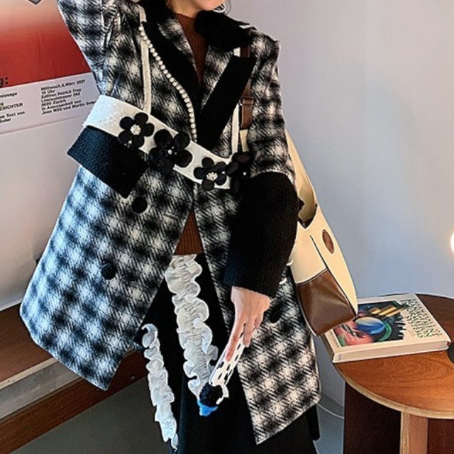 girly retro flower and plaid pattern coat 0947