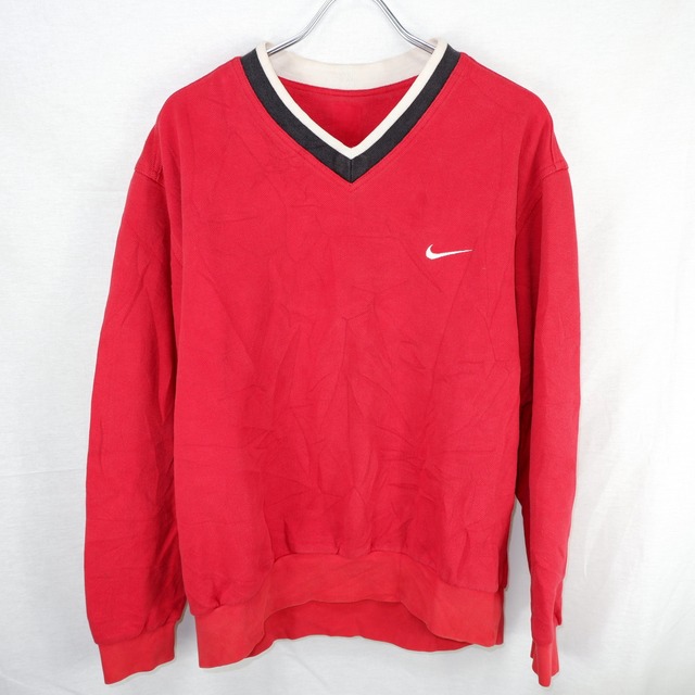[L] NIKE Red V-neck Embroidery Sweatshirt | ナイキ 赤 Ｖネック スウェット