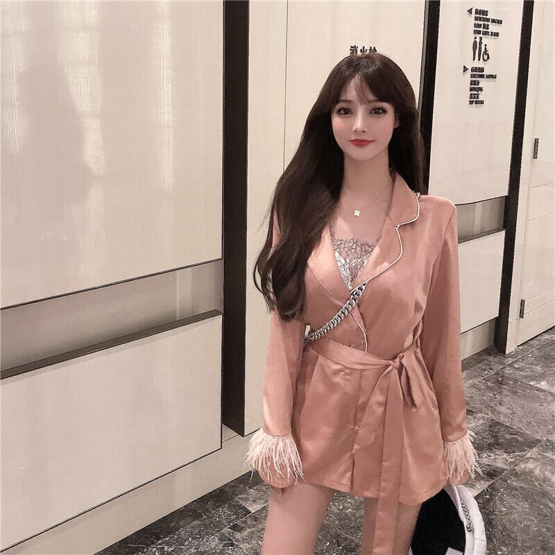 レースアップピンクカジュアルスーツジャンプスーツ女性秋ルーズで薄い長袖ジャンプスーツショーツワイドレッグハイウエストパンツ ブラックストロベリース1219419158