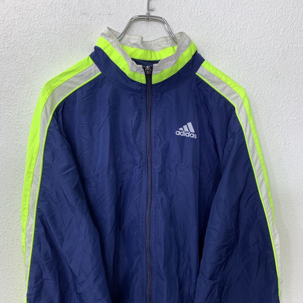 90s XXL Adidas ネイビー×蛍光イエロー ナイロンジャケット