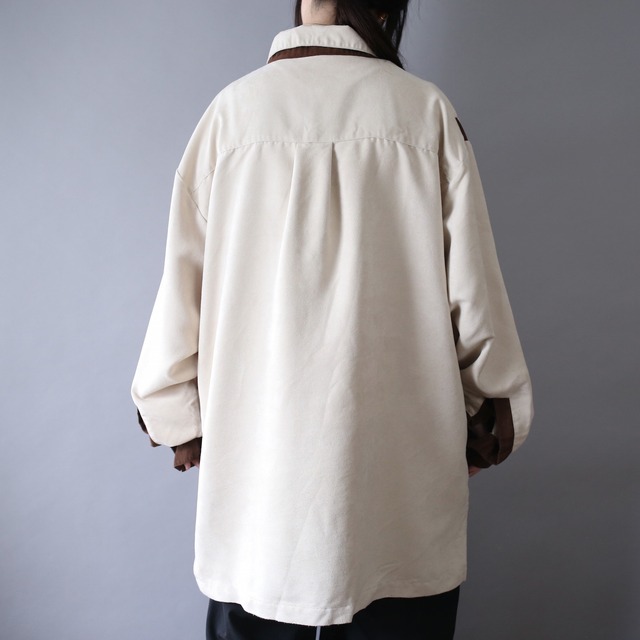 geometry patch and switching pattern over silhouette fake suede shirt