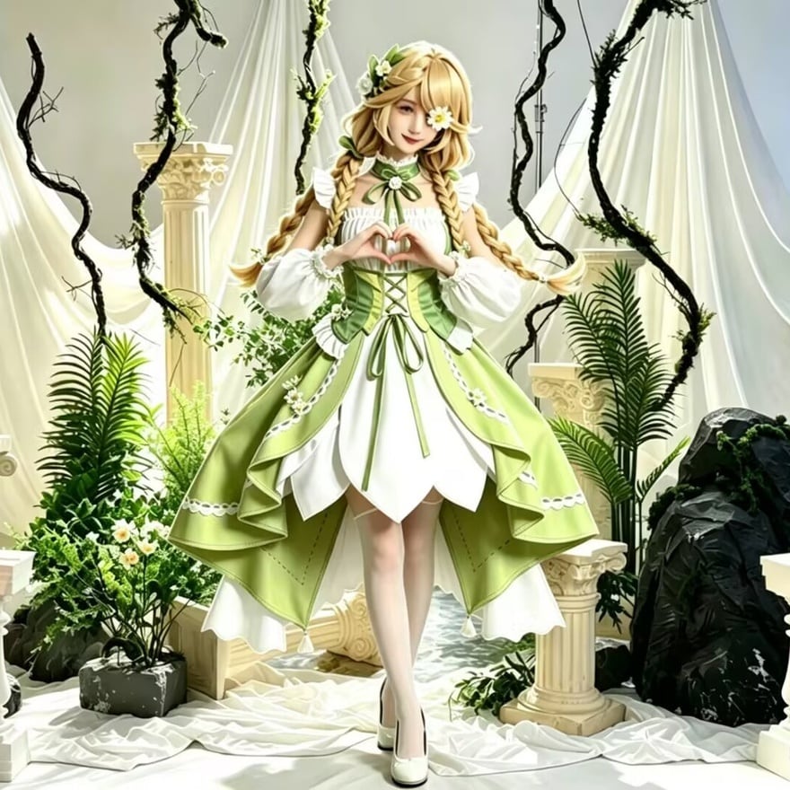 COS系 アイドルステージ衣装 緑白ワンピース 小物付き8点セット