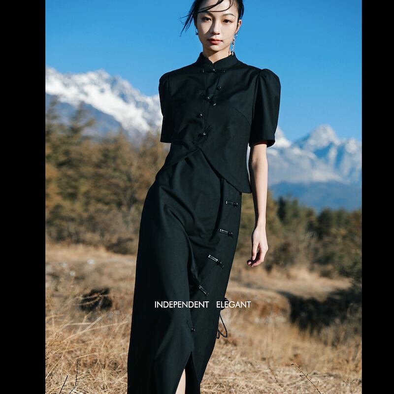 大青龍肆シリーズ チャイナ風ワンピース フェイクレイヤード デザイン性あり 中華服 ロング丈 女子会 卒業式 Elegant