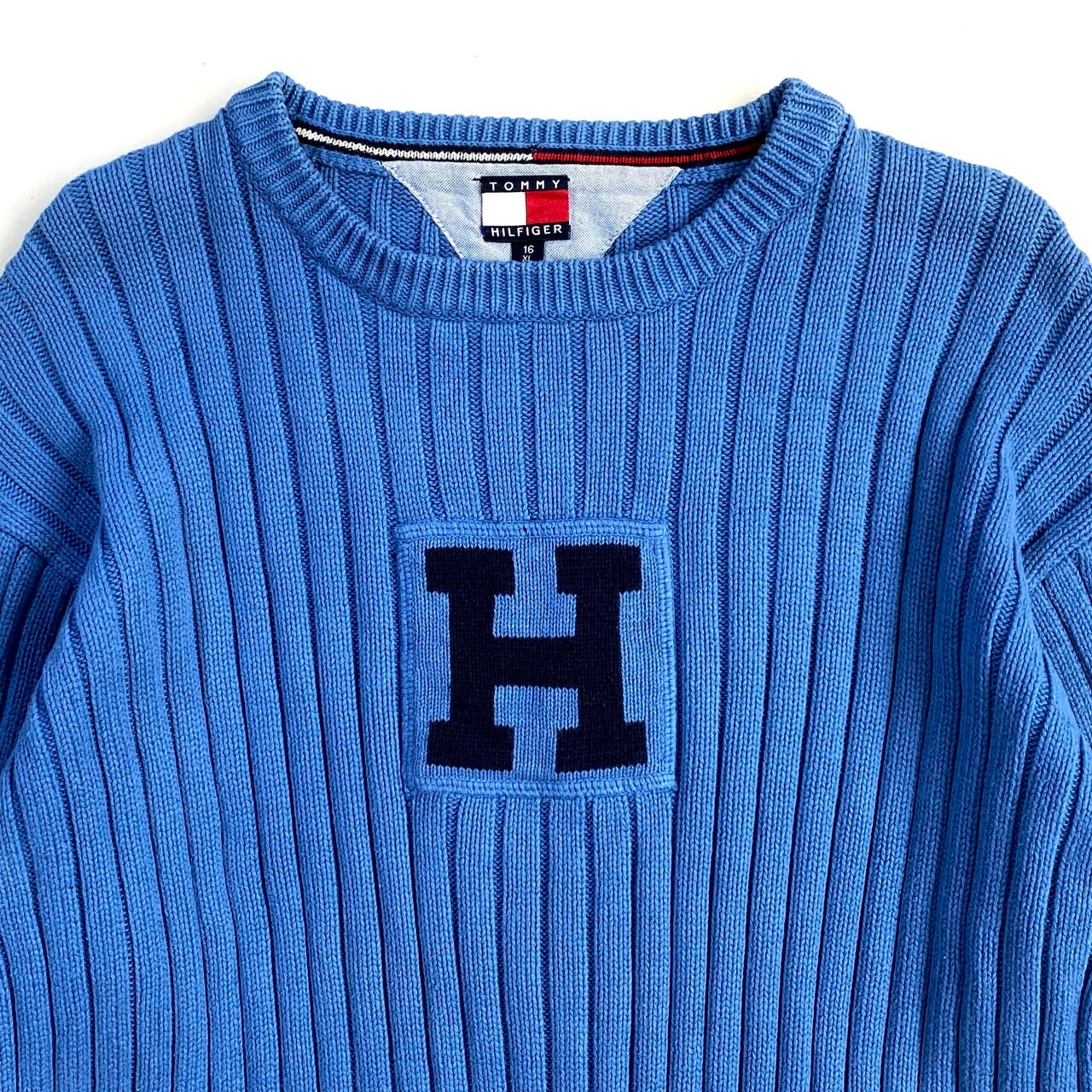 90年代 TOMMY HILFIGER トミーヒルフィガー ビッグロゴ コットンニットセーター レディースXL 古着 リブニットセーター ライトブルー 水色 ヴィンテージ ビンテージ 90s 【ニットセーター】【WS2202-30】【SOL】 | cave 古着屋【公式】古着通販サイト