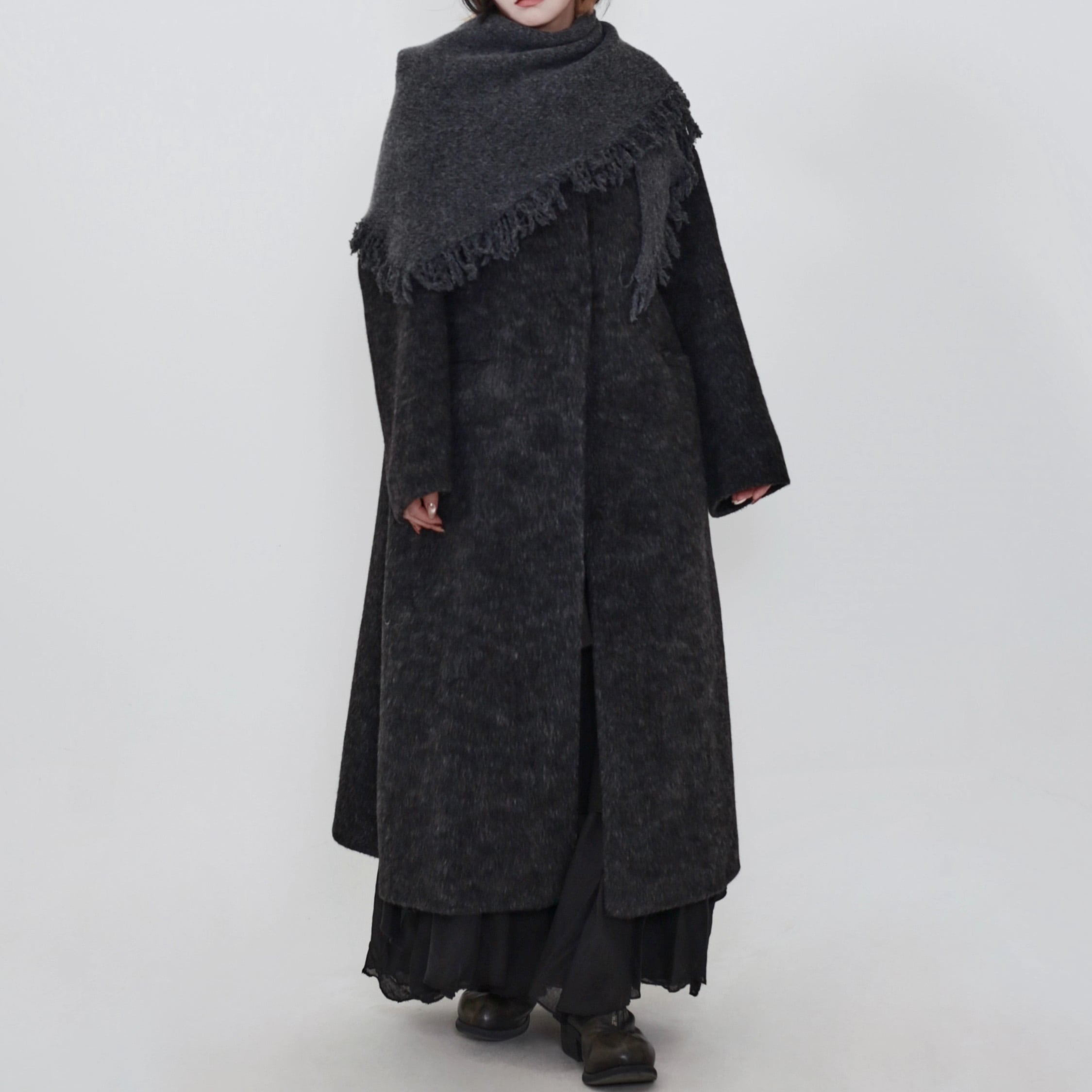 ロング丈 シングルブレスト ウールマフラー付き ノーカラー コート 1color CO0194