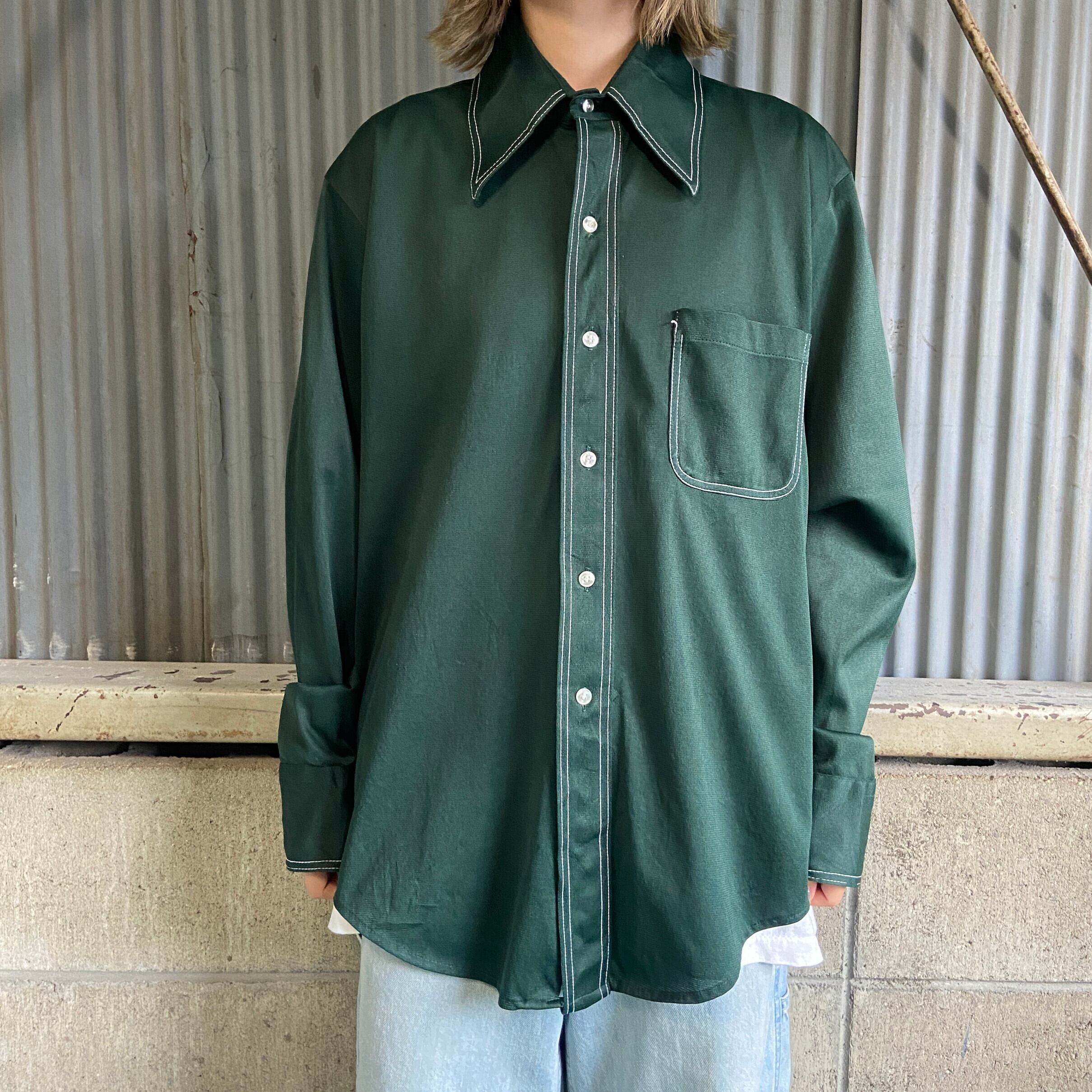 70年代 ヴィンテージ Contour Knit 無地 レトロ ポリシャツ メンズL 古着 ビンテージ 70S グリーン  緑【長袖シャツ】【3anniv】 | cave 古着屋【公式】古着通販サイト powered by BASE