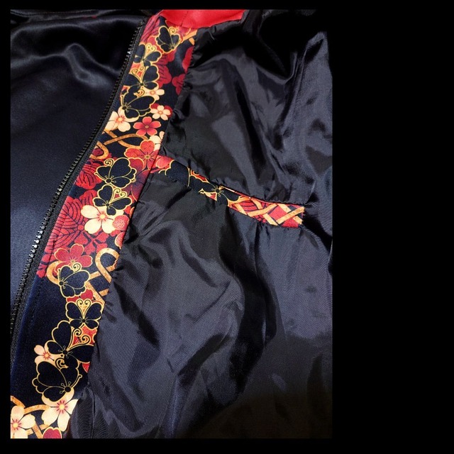 和紋様装飾　藍　ユニセックスジップアップパーカー　裏地付