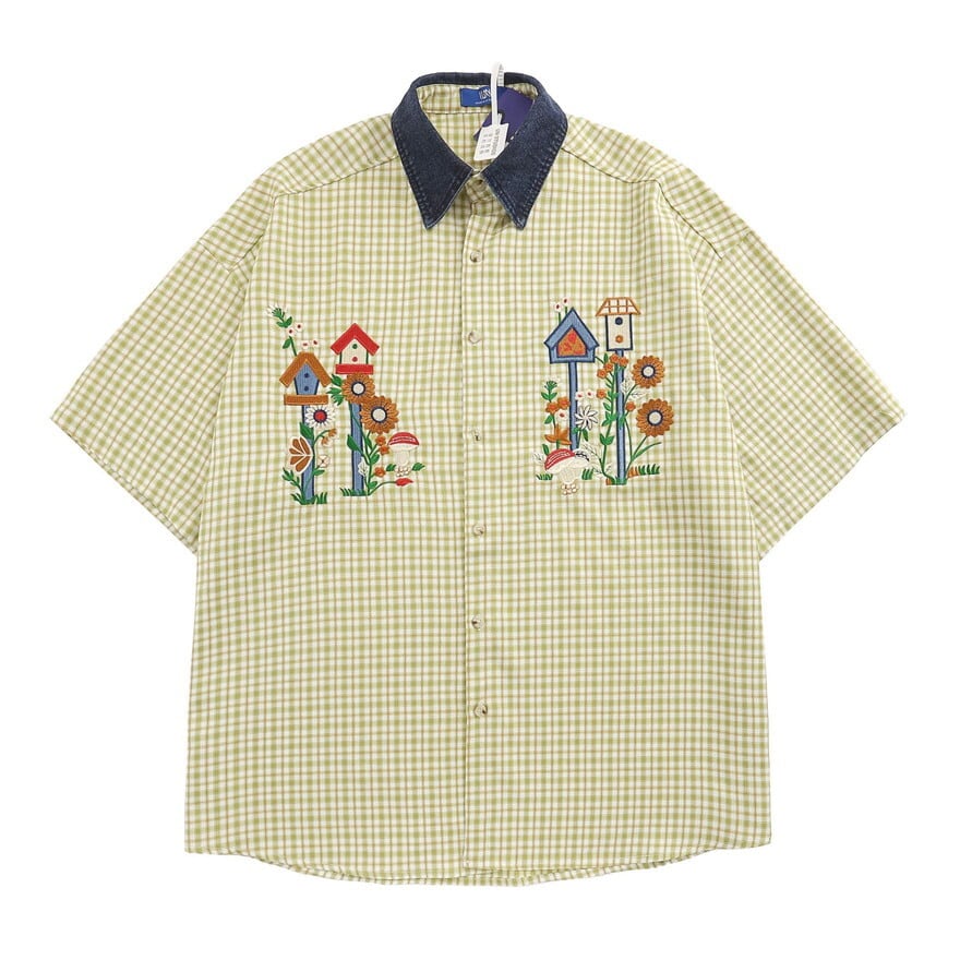 サブカル 服 地雷系 通販 アメカジ 半袖シャツ チェック柄 刺繍 レトロ カレッジスタイル カップルコーデ 春夏服