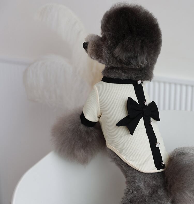 Onz Ribbon Knit T-shirt S ~ XL 4color / 犬服 新作 ニット 可愛い 犬の服 Tシャツ リボン トップス お揃い ドッグウェア b54