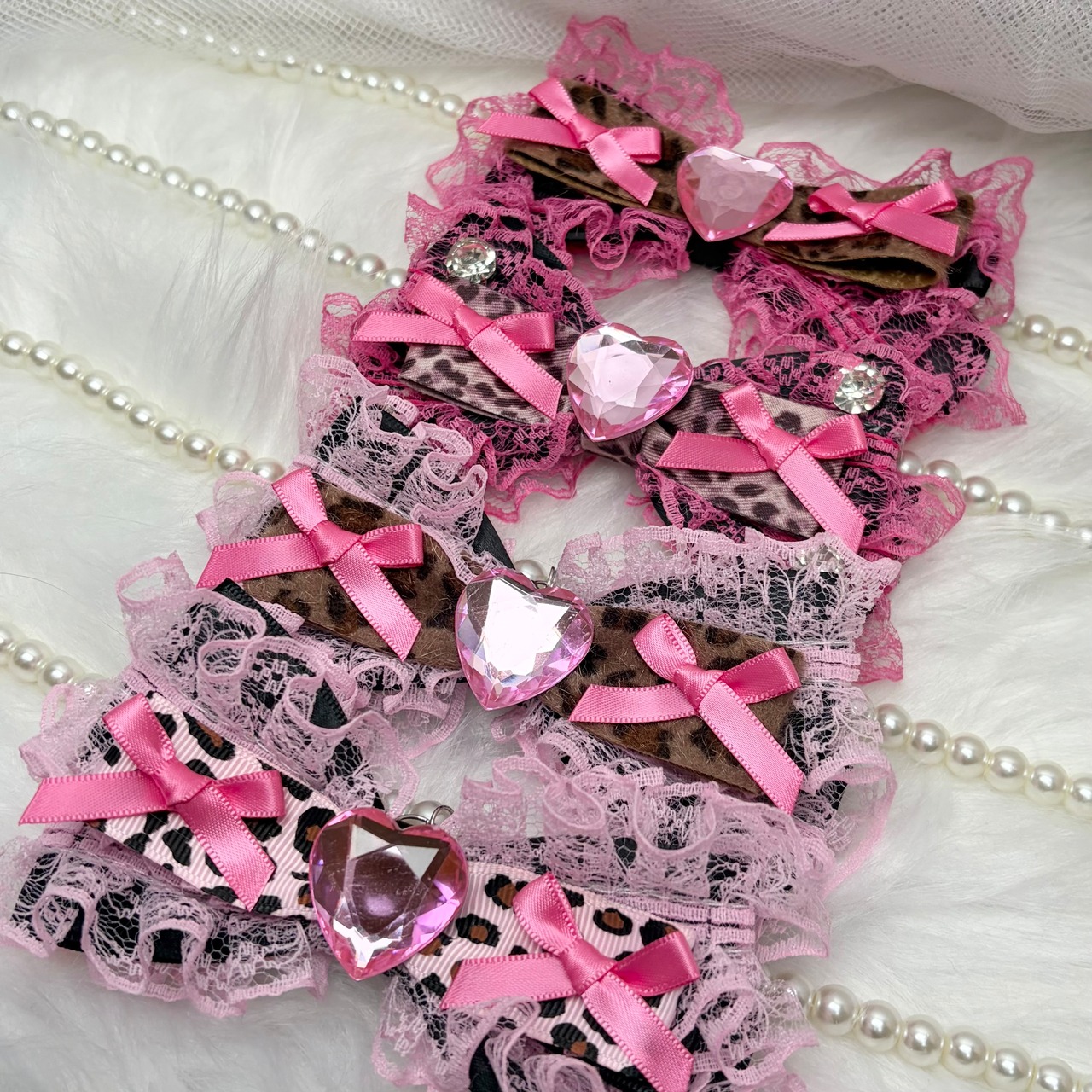 ♡ 姫GAL ヒョウ柄リボン ピンクフリルパールネックレス pink×brown豹柄 ♡