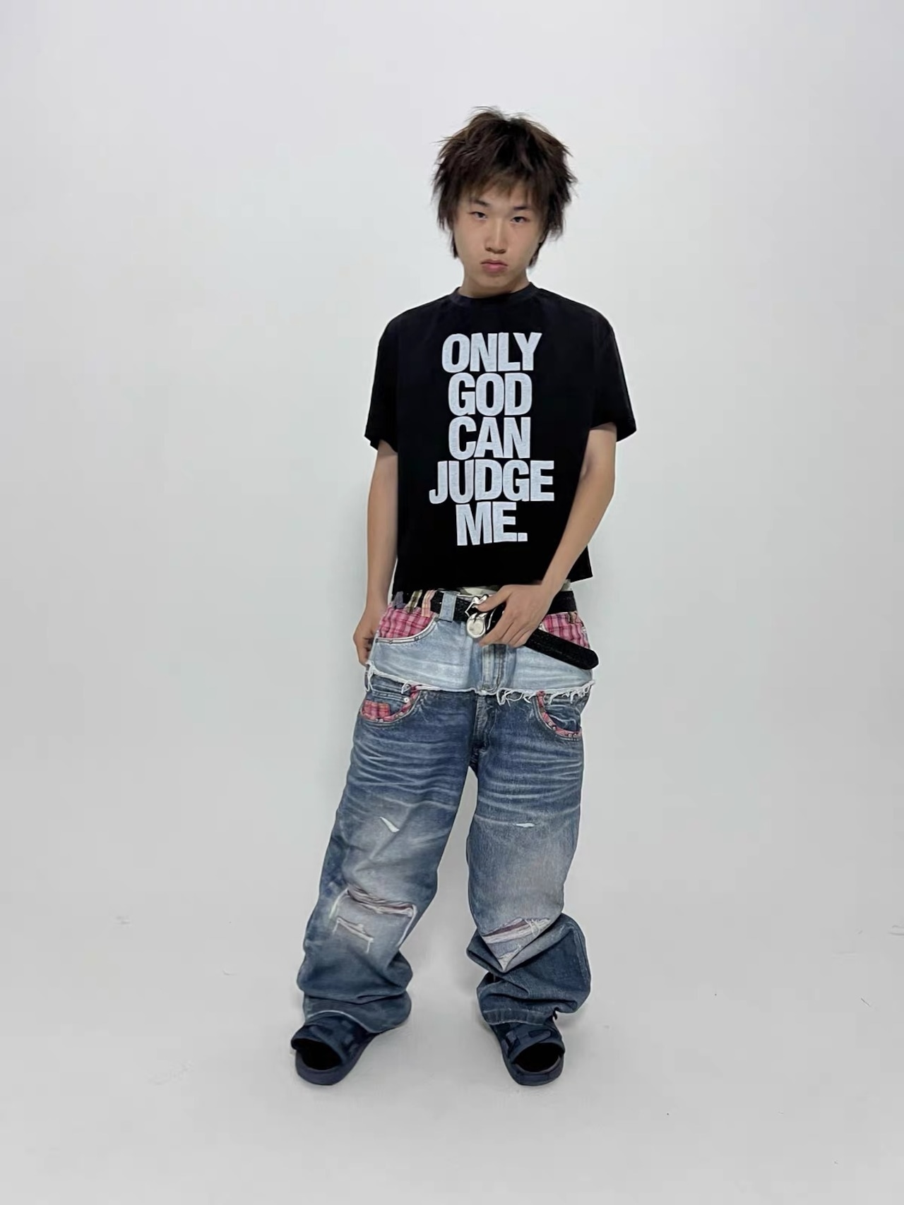 【TecNineGroup】PLAID DOUBLE-WAIST JEANS