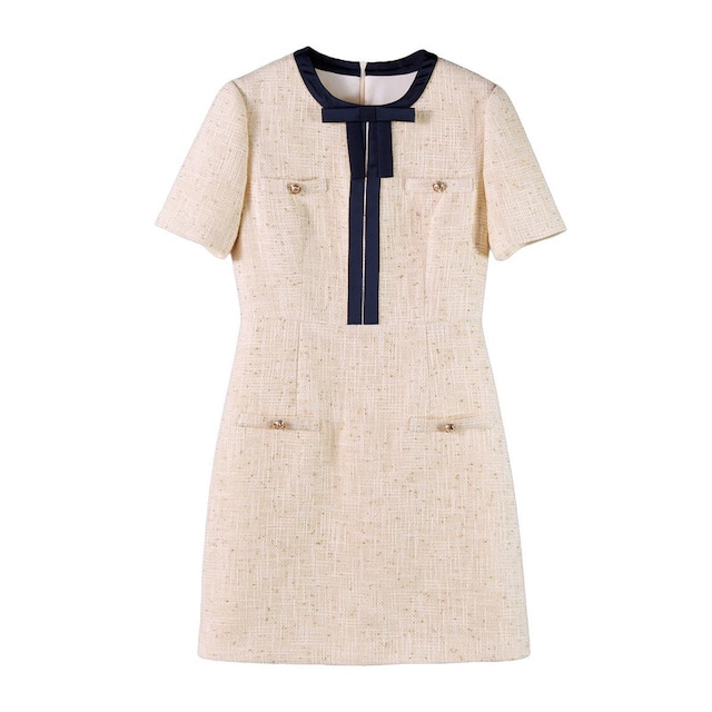 Bicolor ribbon a-line dress　B573