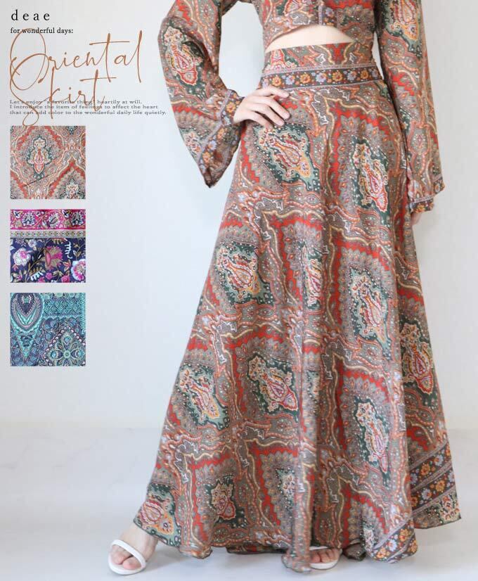 スカート レディース 夏 春 秋 ファッション フレア カジュアル オリエンタル ベリーダンス エスニック「優雅なオリエンタルな柄行き 美しく揺れるフレアスカート」dc10161