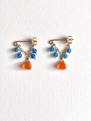 Chain Post pierced earring -carnelian x blue agate