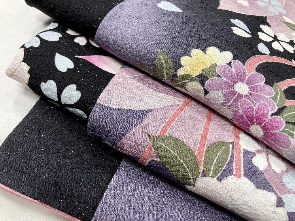 振袖 3点セット 金通し 金駒刺繍 袋帯 襦袢 花柄 桜 梅 菊 正絹 黒 白